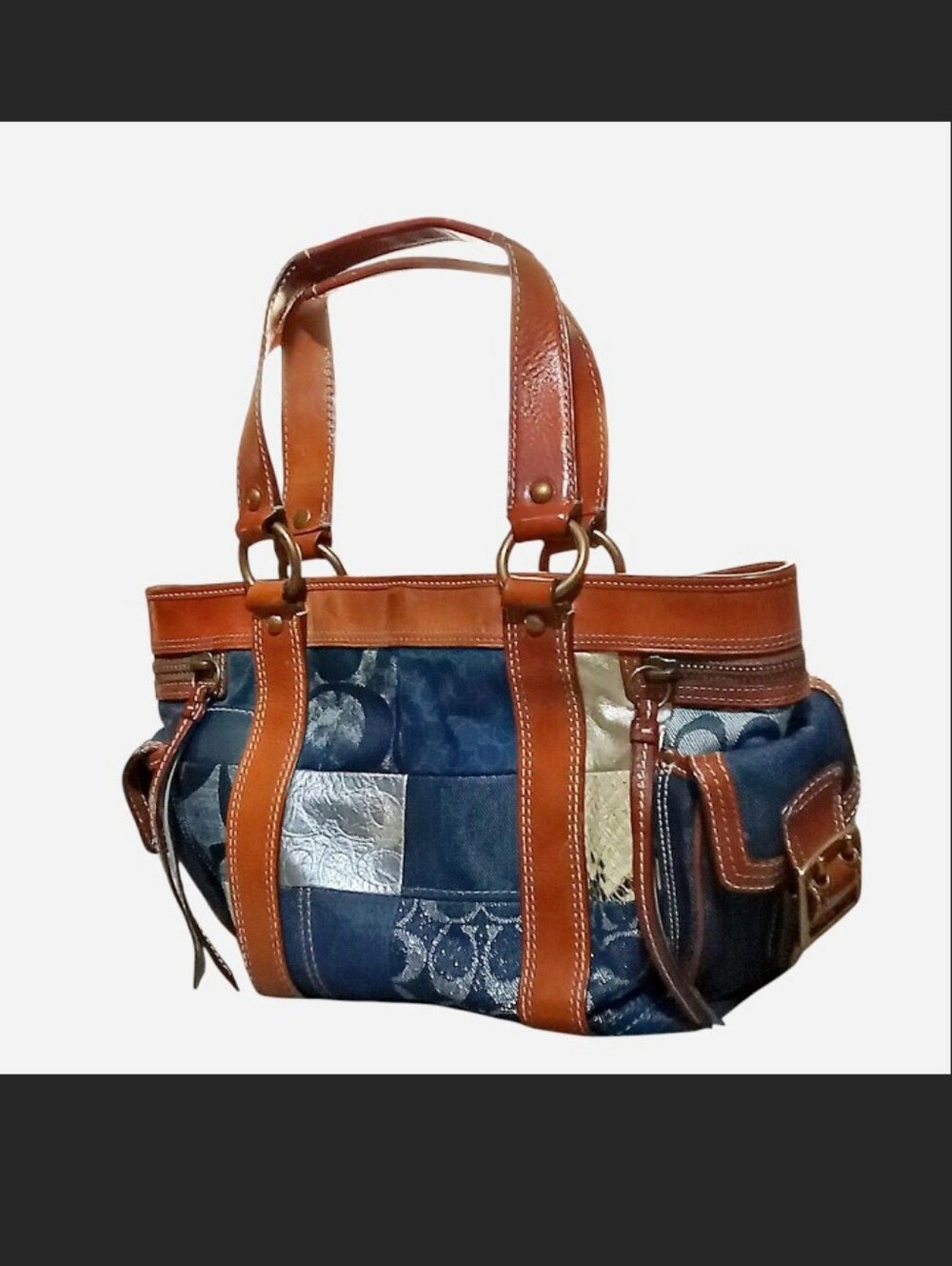 Rare Coach Patchwork Denim Tote with Brown Leather Trim